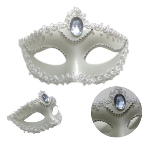Antifaz Veneciano X 1 Gema Encaje Máscara Carnaval Cotillon Color Blanco - Imagen 2